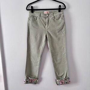 DRIFTWOOD Colette Embroidered Cuff Jean Stretch Denim Ankle Crop Sage Green